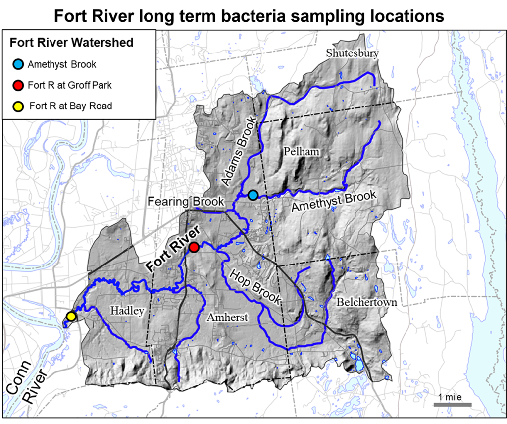 Map of sampling locations in the Fort River showing location markers at Amethyst Brook, Groff Park, and Bay Road.